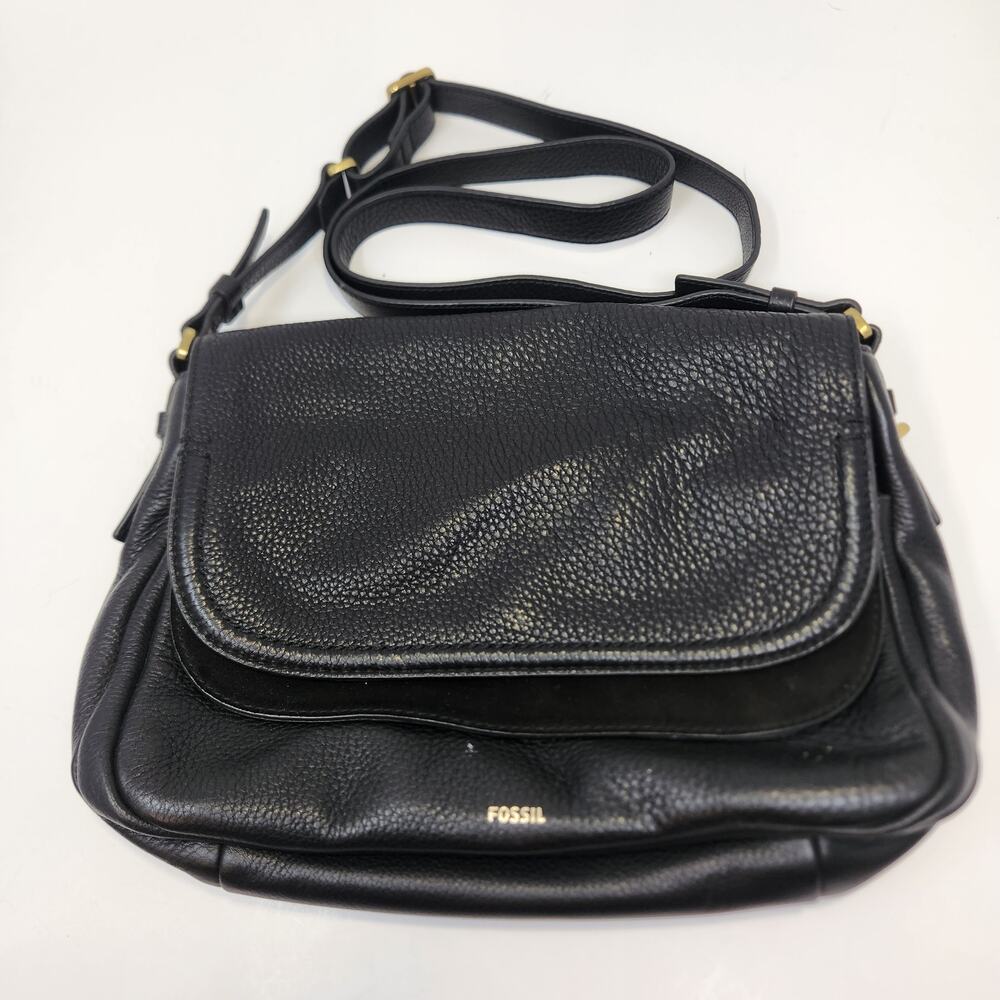 Fossil Peyton Black Pebbled Leather Suede Double Flap Crossbody Bag Adjustable
